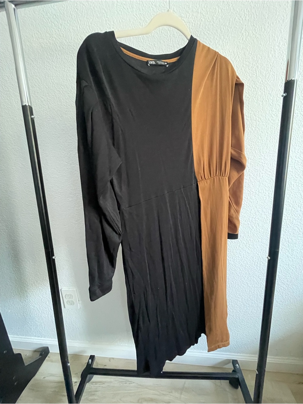 Zara Black and Brown Asymmetrical Long Sleeve Midi Dress
